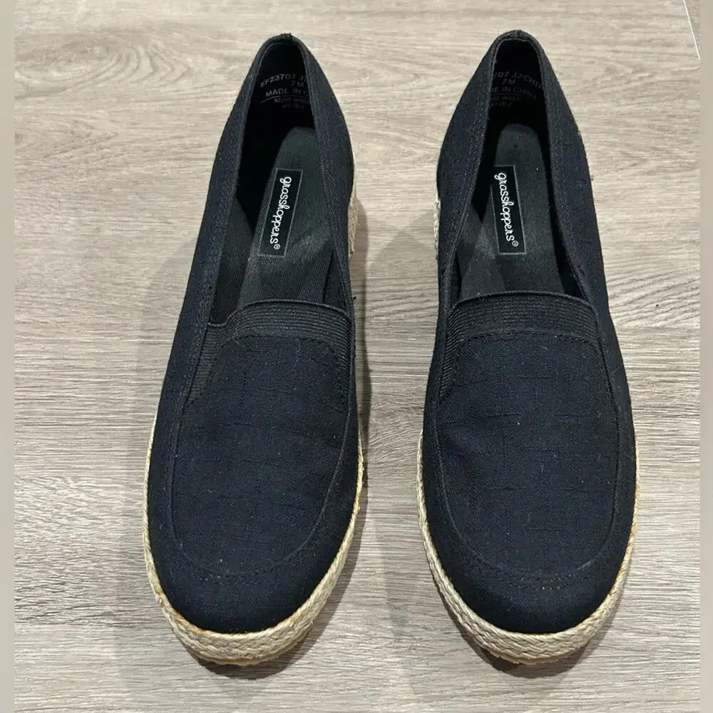 Grasshoppers Women's Sz 7 Casita Black Canvas Slip On Platform Wedge Espadrilles
